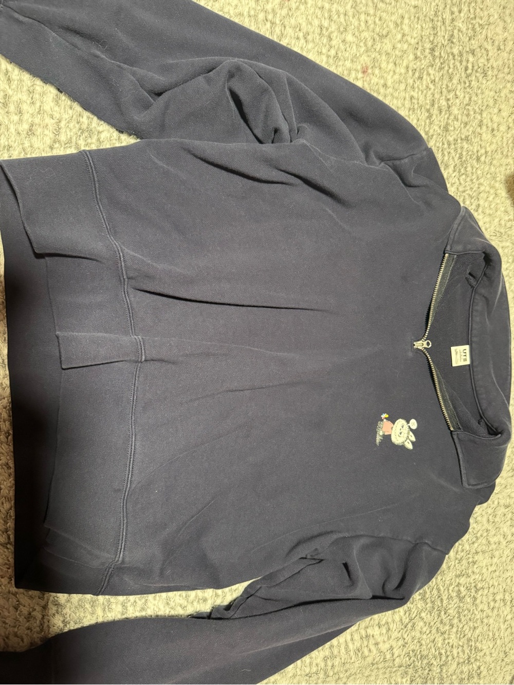 Uniqlo Navy Half-Zip Sweatshirt with Embroidered Bear Detail